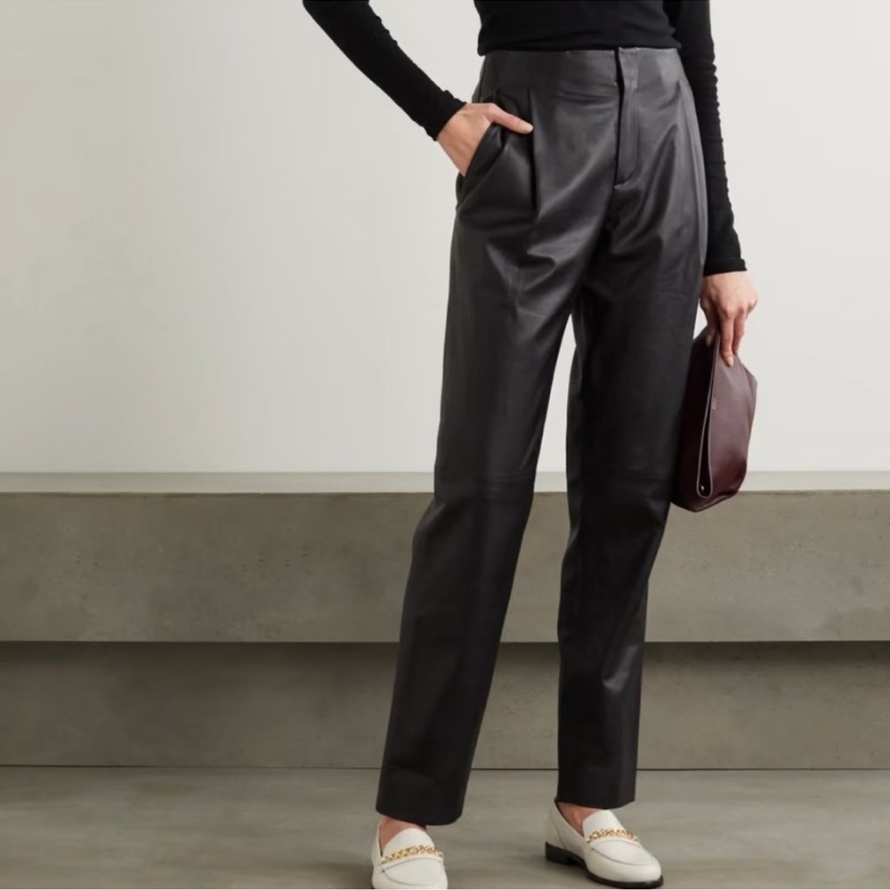 Vince‎ Black Leather Pleat Tapered Pants - Picture 2 of 12